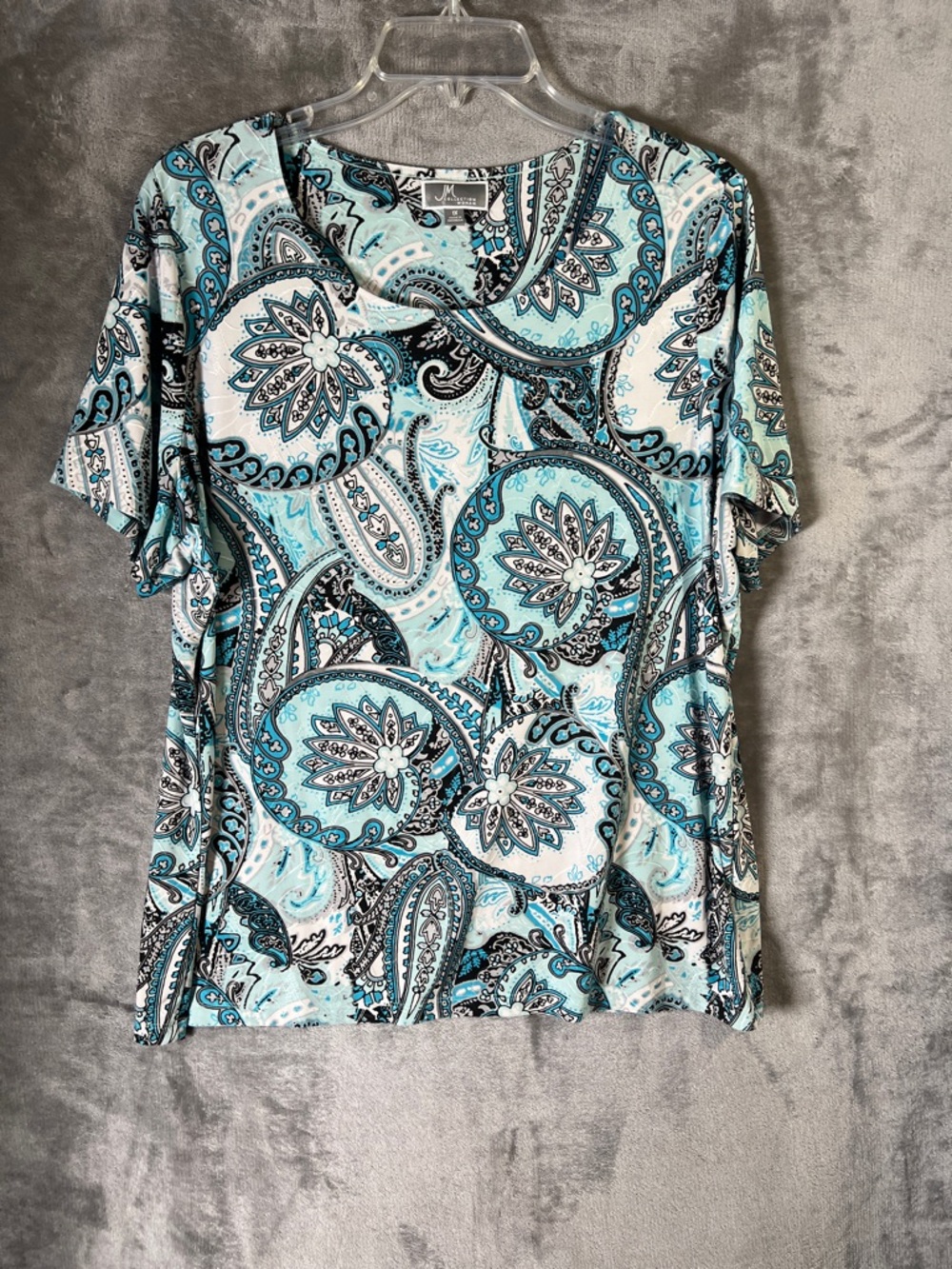 JM Collection Paisley Print Short Sleeve Tee in Aqua, White & Black